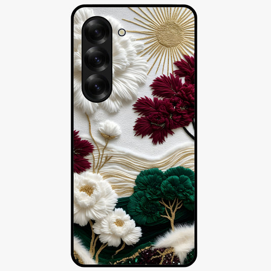Radiant Bloom Elegance Glass Case showing flat back view with elegant blooming flower artwork and glossy glass finish.