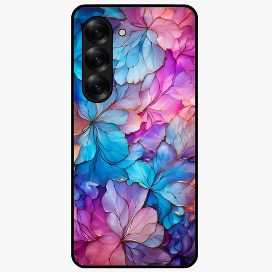 Radiant Floral Whirl Glass Case showing flat back view with swirling floral artwork and glossy glass finish.