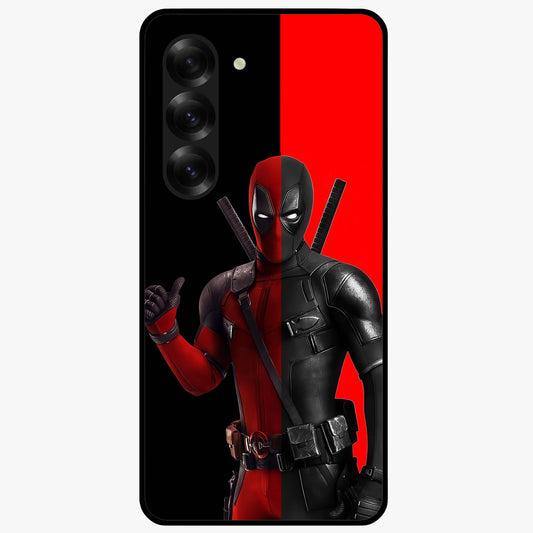 Red & Black Deadpool Theme Glass Case showing flat back view with bold comic inspired artwork and glossy glass finish.