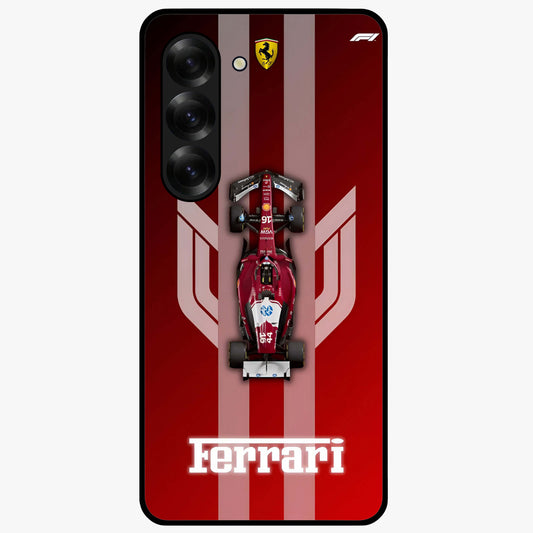 Red Ferrari F1 Vertical Glass Case showing flat back view with sleek Formula racing car artwork and glossy glass finish.