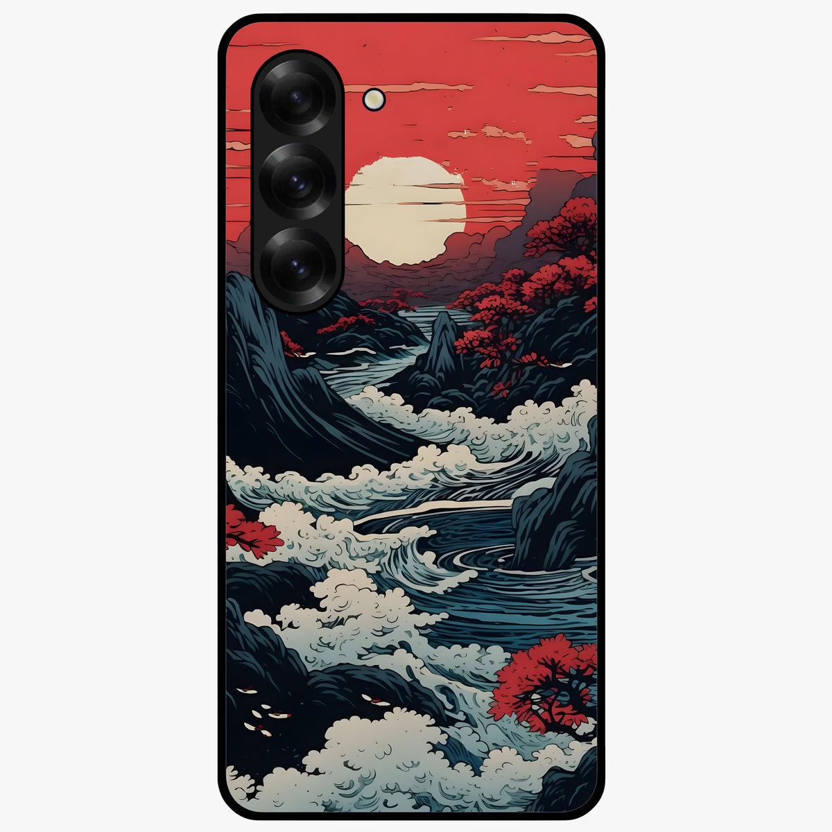 Red Sunset Scenery Glass Case showing flat back view with vibrant sunset landscape artwork and glossy glass finish.