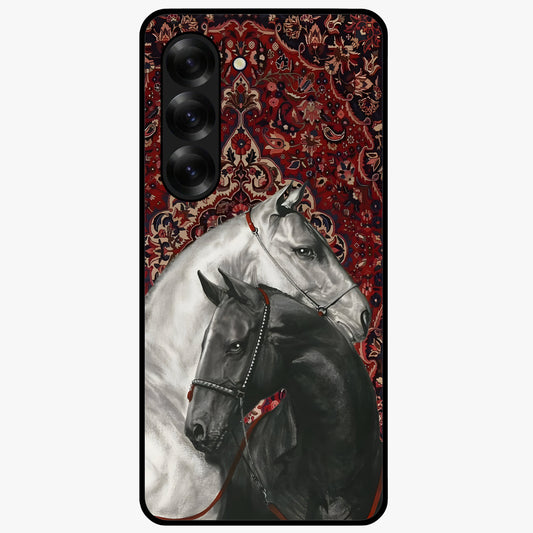Regal Stallion Tapestry Glass Case showing flat back view with majestic horse tapestry artwork and glossy glass finish.