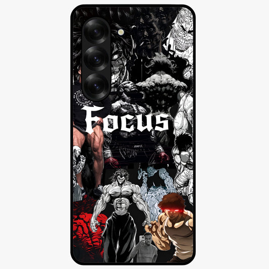 Relentless Power Focus Glass Case showing flat back view with motivational typography artwork and glossy glass finish.