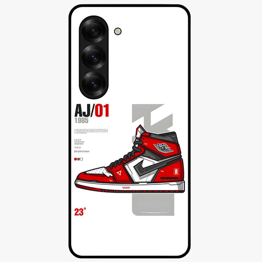 Retro Sneaker Blueprint Glass Case showing flat back view with sneaker blueprint style artwork and glossy glass finish.