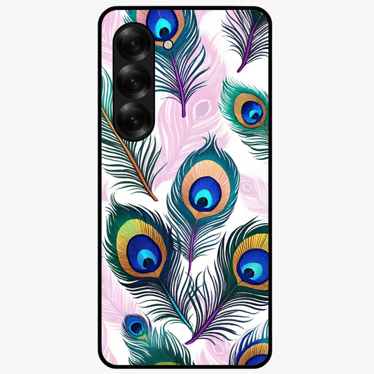 Royal Peacock Feathers Glass Case showing flat back view with colorful peacock feather artwork and glossy glass finish.