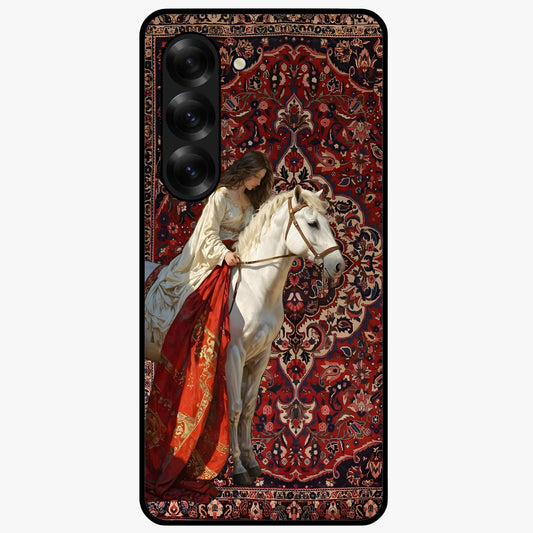 Royal Rider Tapestry Glass Case showing flat back view with majestic horse rider tapestry artwork and glossy glass finish.