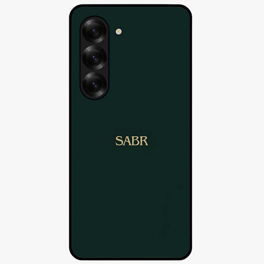 Sabr Minimal Patience Glass Case showing flat back view with minimalist typography artwork and glossy glass finish.