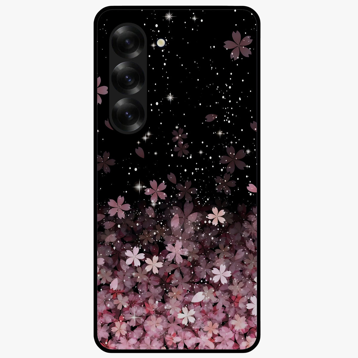 Small Starry Flowers Glass Case showing flat back view with delicate starry floral artwork and glossy glass finish.