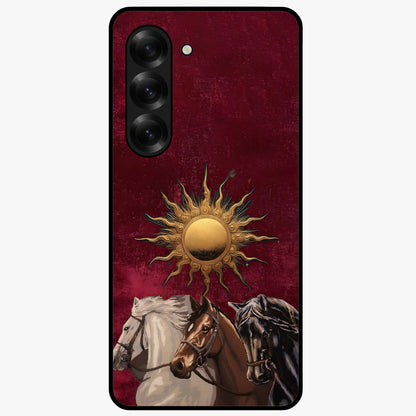 Solar Riders Glass Case showing flat back view with dynamic rider themed artwork and glossy glass finish.