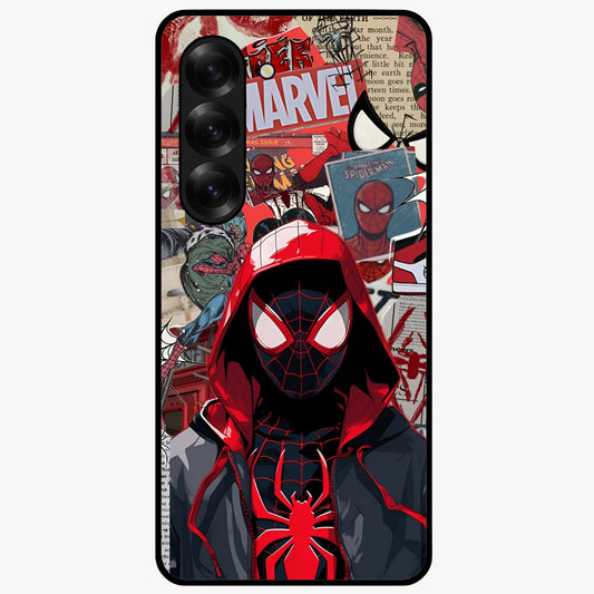 Spider Collage Street Glass Case showing flat back view with vibrant superhero collage artwork and glossy glass finish.