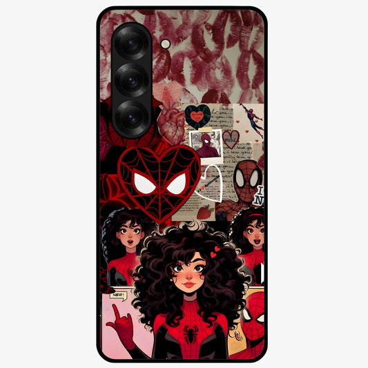 Spider Love Story Glass Case showing flat back view with romantic superhero themed artwork and glossy glass finish.