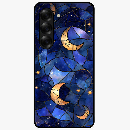 Starlit Sky Tapestry Glass Case showing flat back view with decorative starry sky tapestry artwork and glossy glass finish.