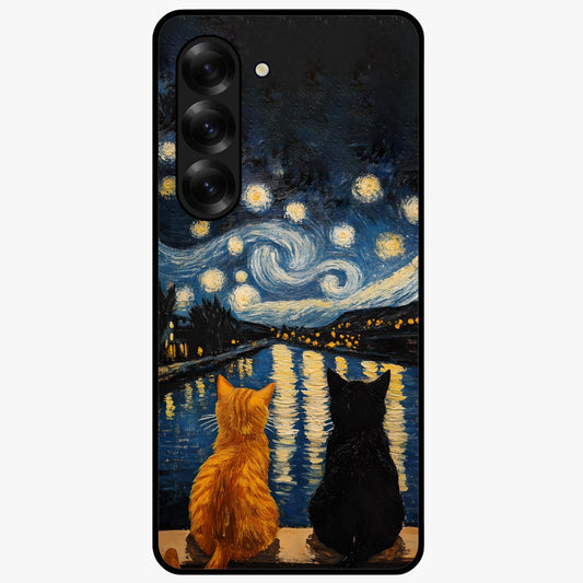 Starry River Cats Glass Case showing flat back view with cats by a starry river artwork and glossy glass finish.
