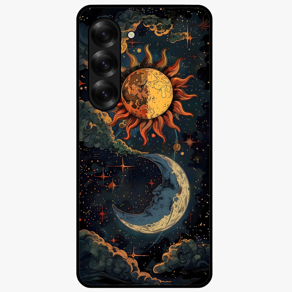Sun And Moon Magic Design Glass Case showing flat back view with mystical sun and moon artwork and glossy glass finish.