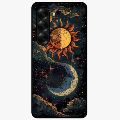 Sun And Moon Magic Design Glass Case showing flat back view with mystical sun and moon artwork and glossy glass finish.