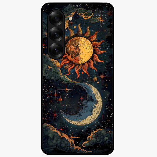 Sun And Moon Magic Design Glass Case showing flat back view with mystical sun and moon artwork and glossy glass finish.