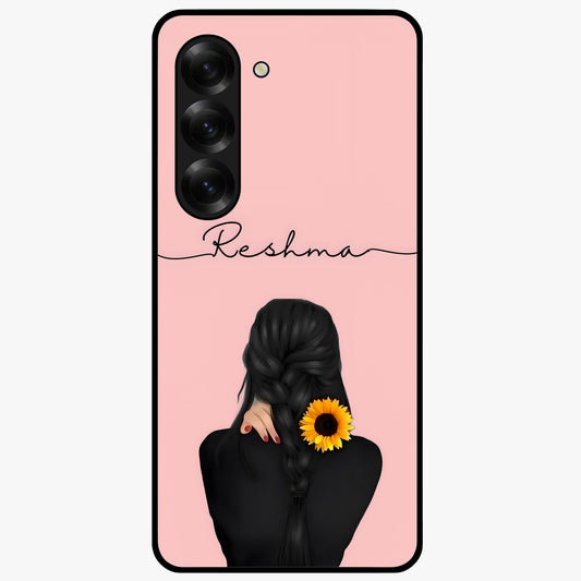 Sunflower Braid Beauty With Custom Name Glass Case showing flat back view with sunflower braid artwork and personalized name design.