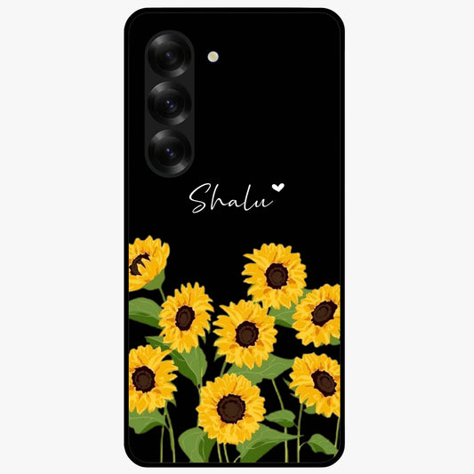 Sunflower Chic Mood Custom Name Glass Case showing flat back view with stylish sunflower artwork and personalized name design.