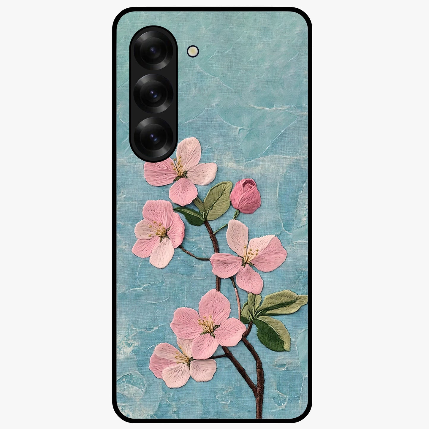 Threaded Blossom Breeze Glass Case showing flat back view with delicate blossom artwork and glossy glass finish.