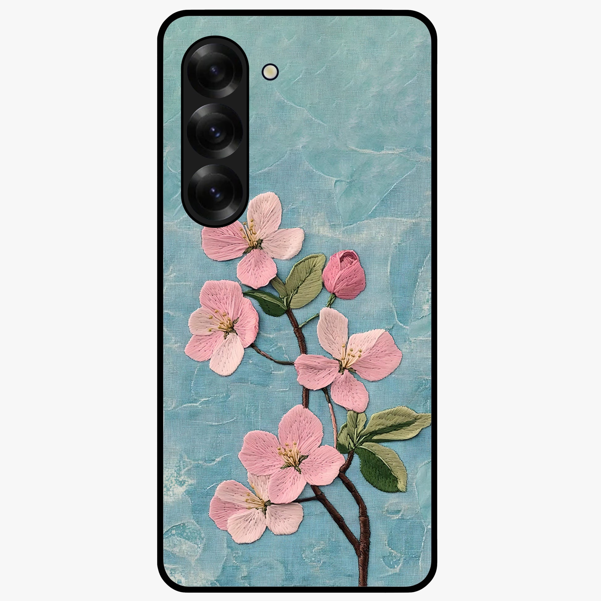 Threaded Blossom Breeze Glass Case showing flat back view with delicate blossom artwork and glossy glass finish.