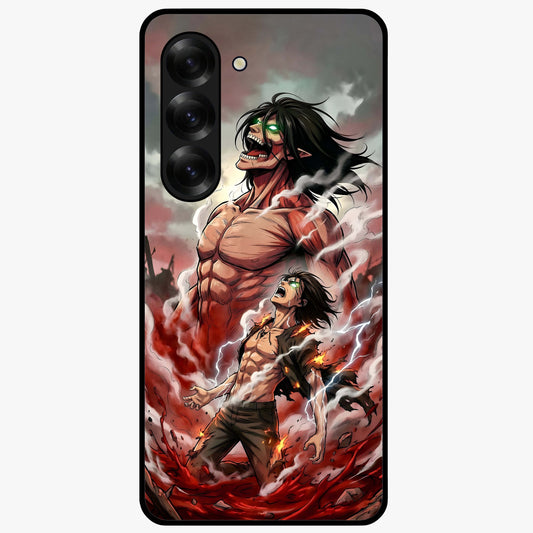 Titan Awakening Fury Glass Case showing flat back view with powerful titan inspired artwork and glossy glass finish.