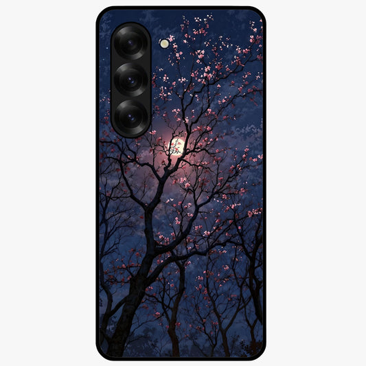Twilight Sakura Serenade Glass Case showing flat back view with cherry blossom artwork at twilight and glossy glass finish.