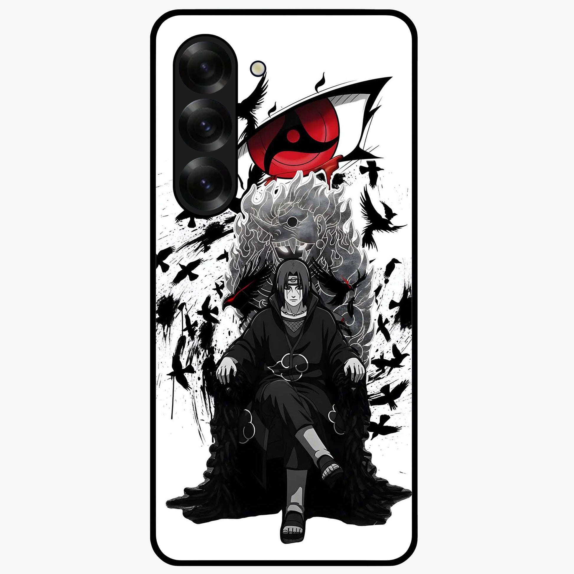 Uchiha Shadow Throne Glass Case showing flat back view with cosmic underwater themed artwork and glossy glass finish.