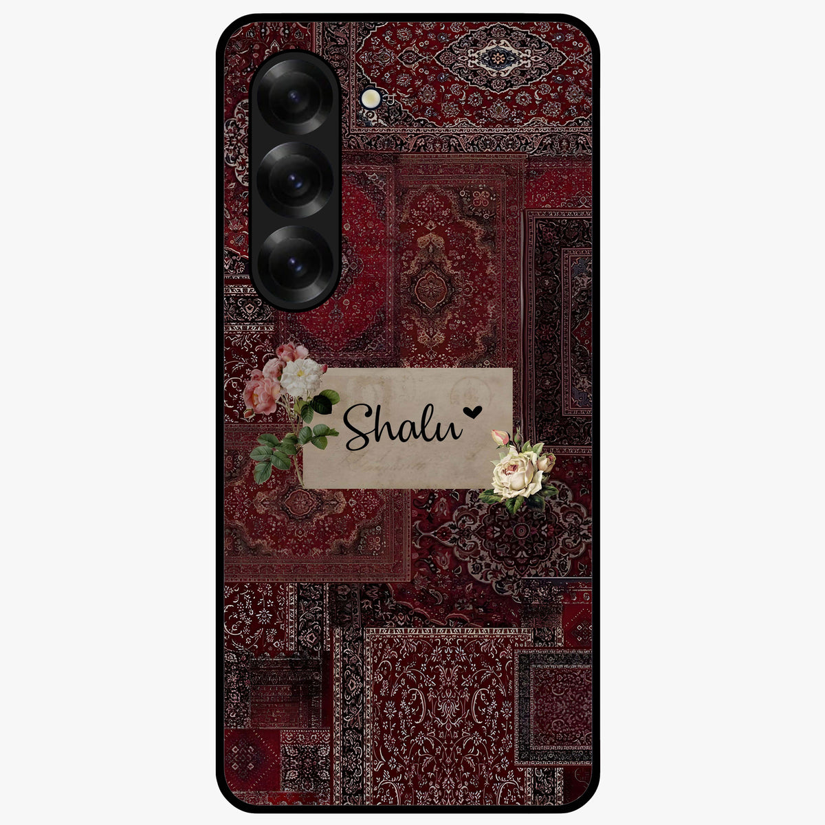 Velvet Wine Pattern Custom Name Glass Case showing flat back view with elegant wine colored pattern artwork and personalized name design.