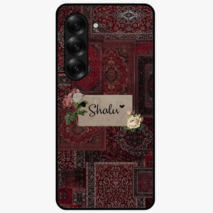 Velvet Wine Pattern Custom Name Glass Case showing flat back view with elegant wine colored pattern artwork and personalized name design.