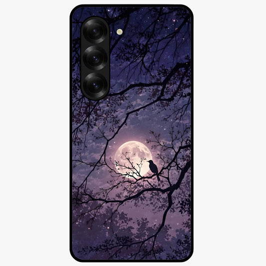 Whispering Moon Silence Glass Case showing flat back view with serene moon themed artwork and glossy glass finish.