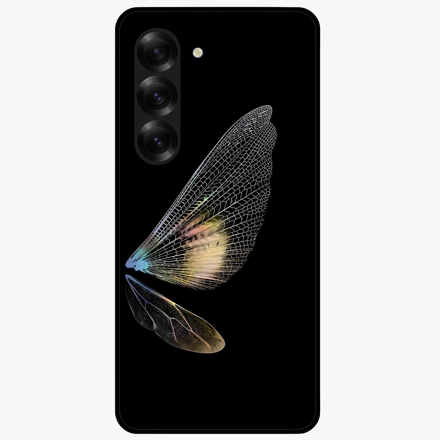 Whispers Of Wings Glass Case showing flat back view with graceful wing inspired artwork and glossy glass finish.