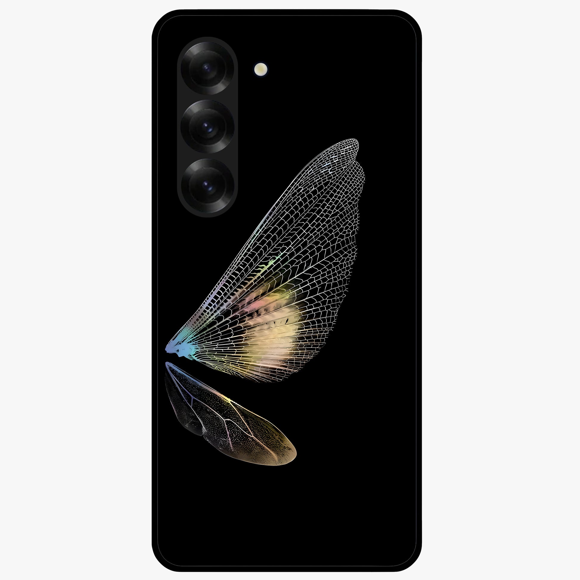 Whispers Of Wings Glass Case showing flat back view with graceful wing inspired artwork and glossy glass finish.