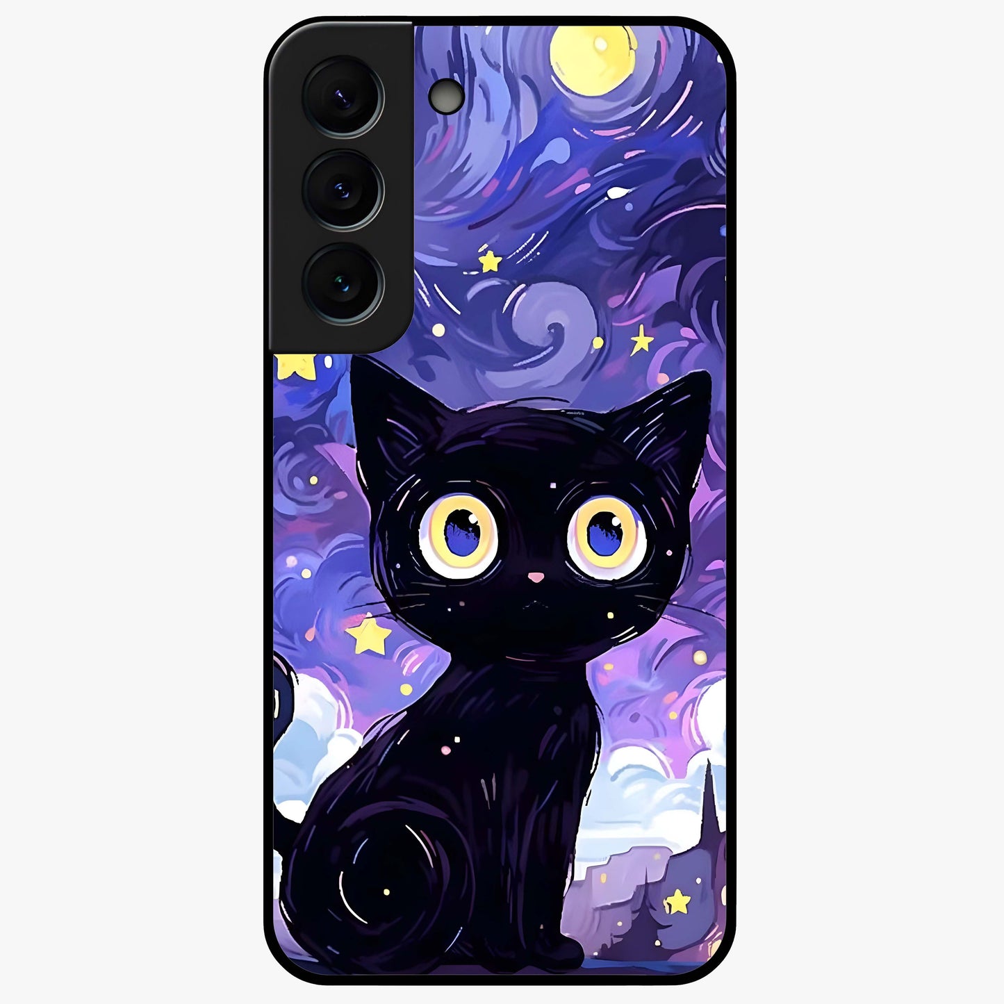 Abstract Cat Art Glass Case showing flat back view with artistic cat illustration and glossy glass finish.