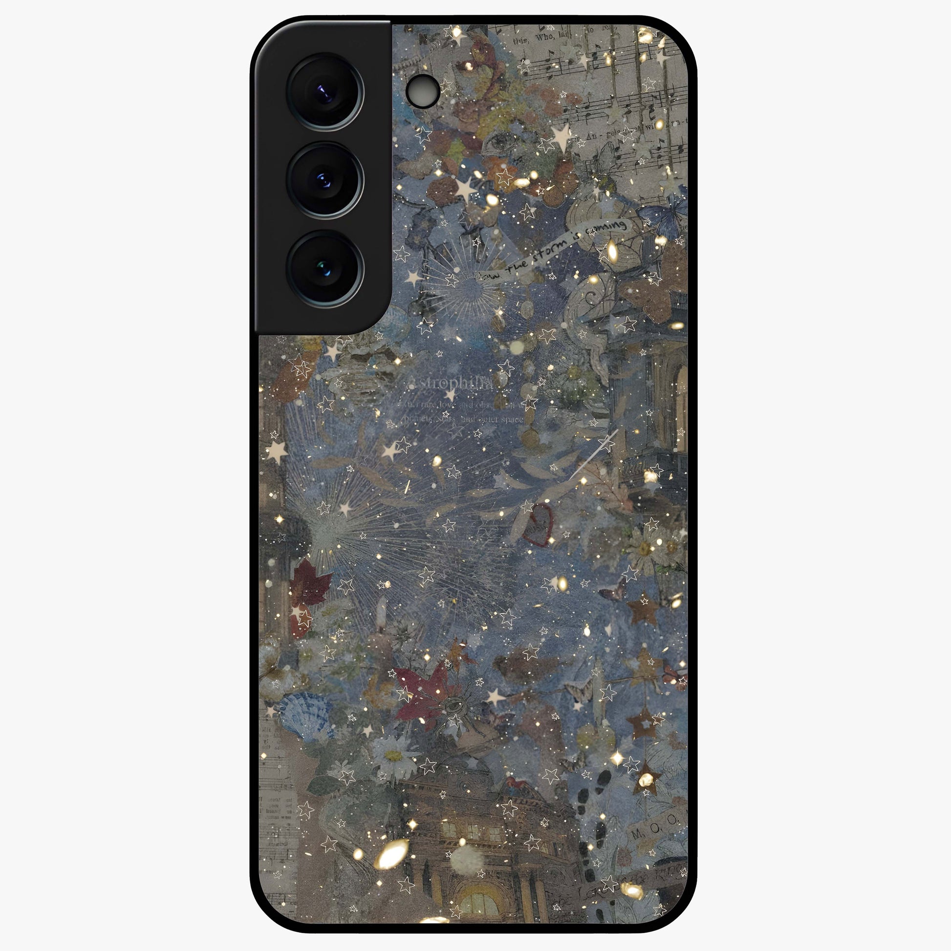 Aesthetic Astrolophia Glass Case showing flat back view with dreamy aesthetic design and glossy glass finish.