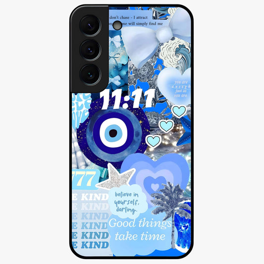 Aesthetic Be Kind Eye Glass Case showing flat back view with motivational eye artwork and glossy glass finish.