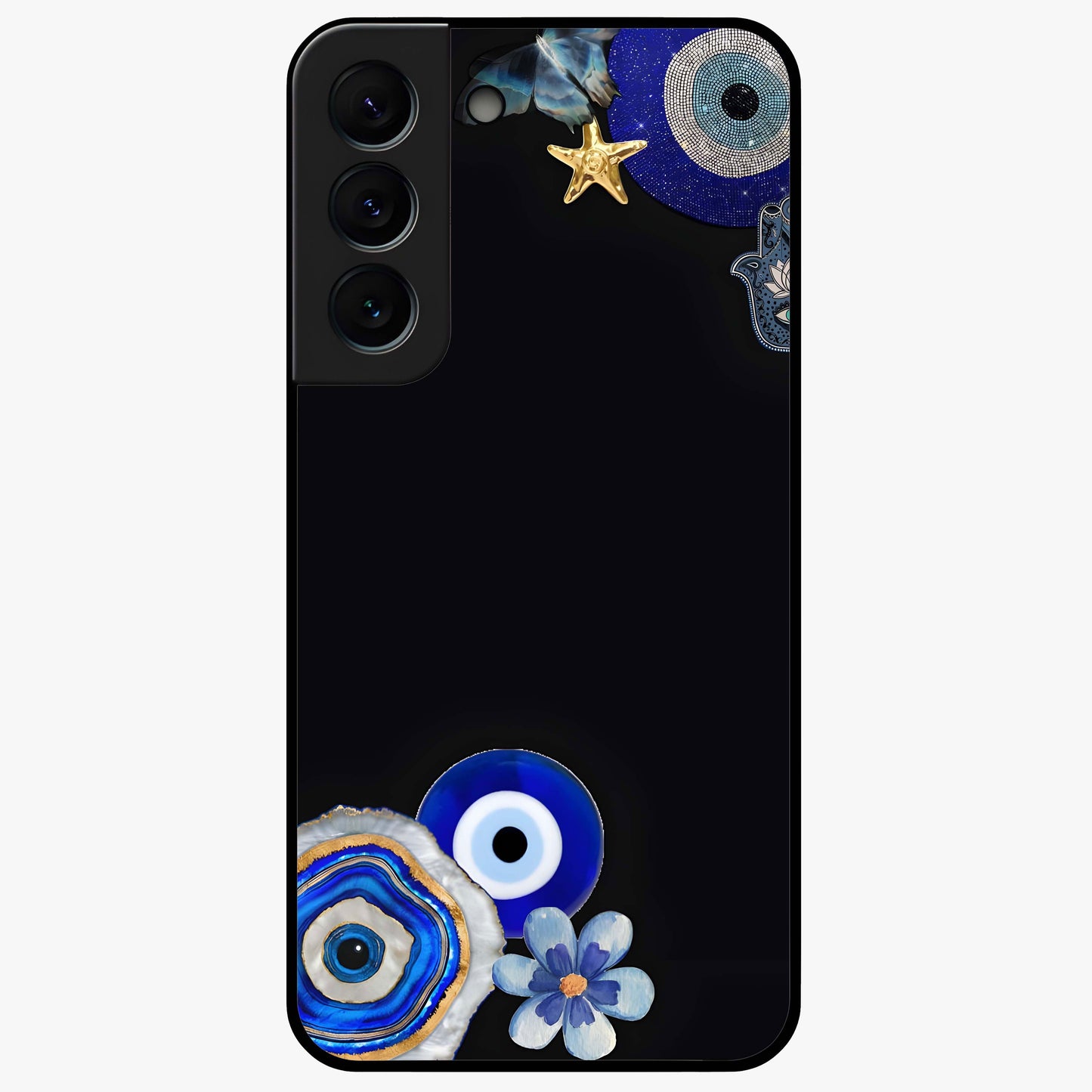 Aesthetic Blue Evil Eye Glass Case showing flat back view with protective evil eye artwork and glossy glass finish.