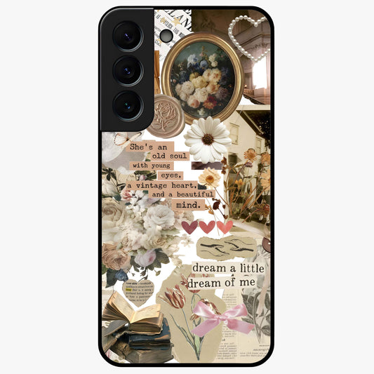 Aesthetic Brown Vintage Collage Glass Case showing flat back view with retro collage artwork and glossy glass finish.