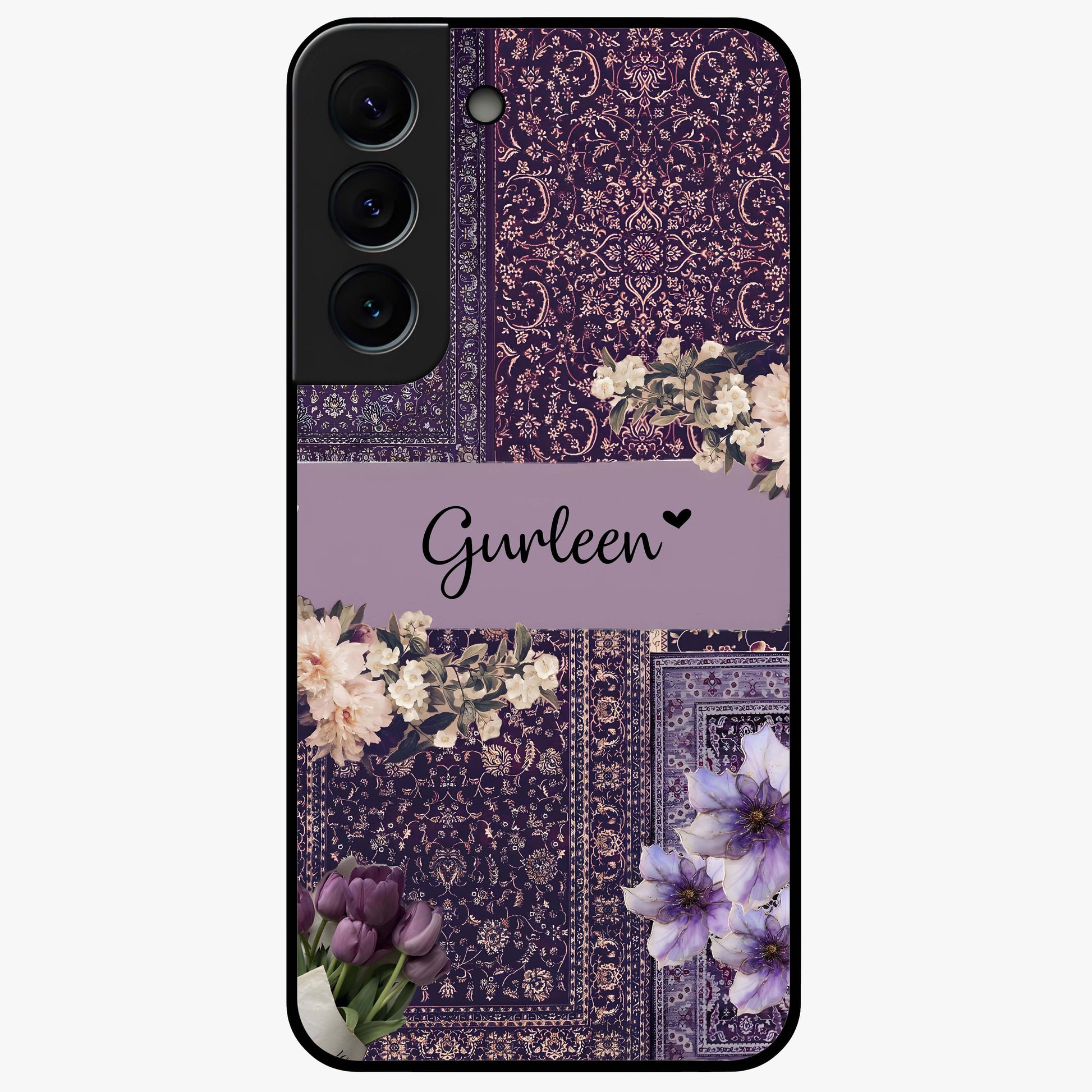 Antique Floral Whisper Custom Name Glass Case showing flat back view with vintage floral artwork and personalized name design.