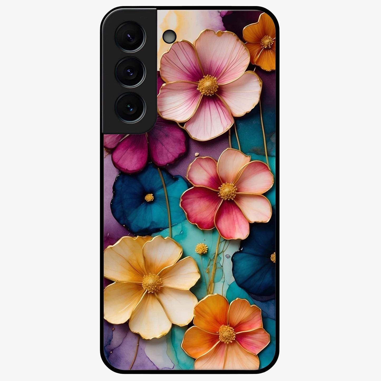 Artlyn Grace Flower Pattern Glass Case showing flat back view with elegant floral pattern artwork and glossy glass finish.