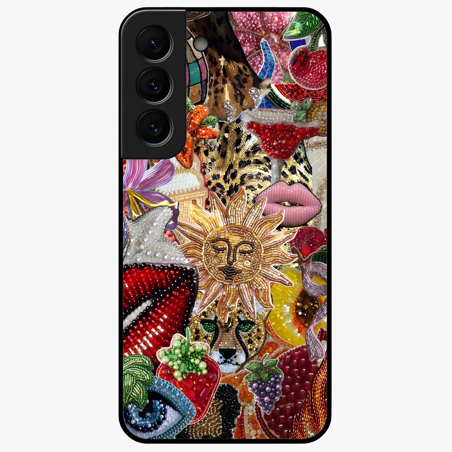 Beaded Fashion Jungle Glass Case showing flat back view with vibrant jungle inspired bead artwork and glossy glass finish.