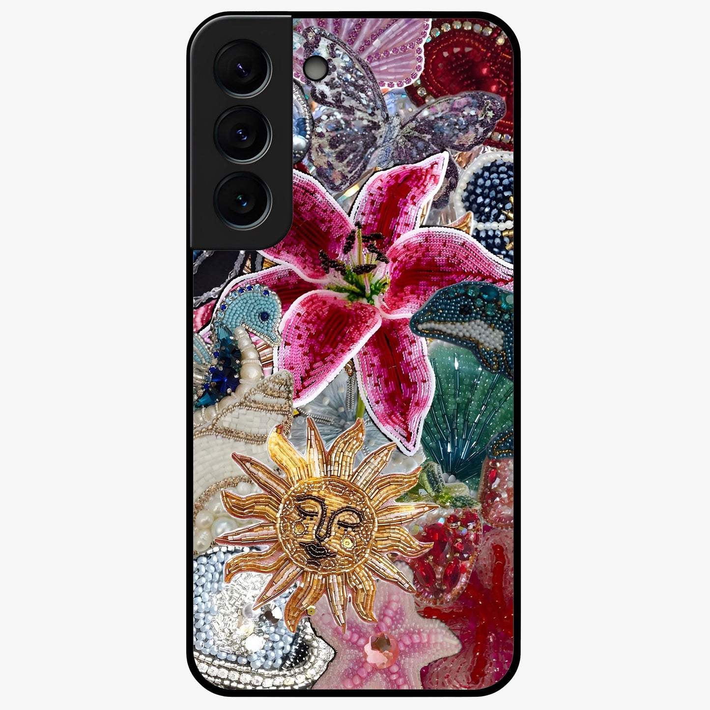 Beaded Garden Fantasy Glass Case showing flat back view with dreamy garden bead artwork and glossy glass finish.