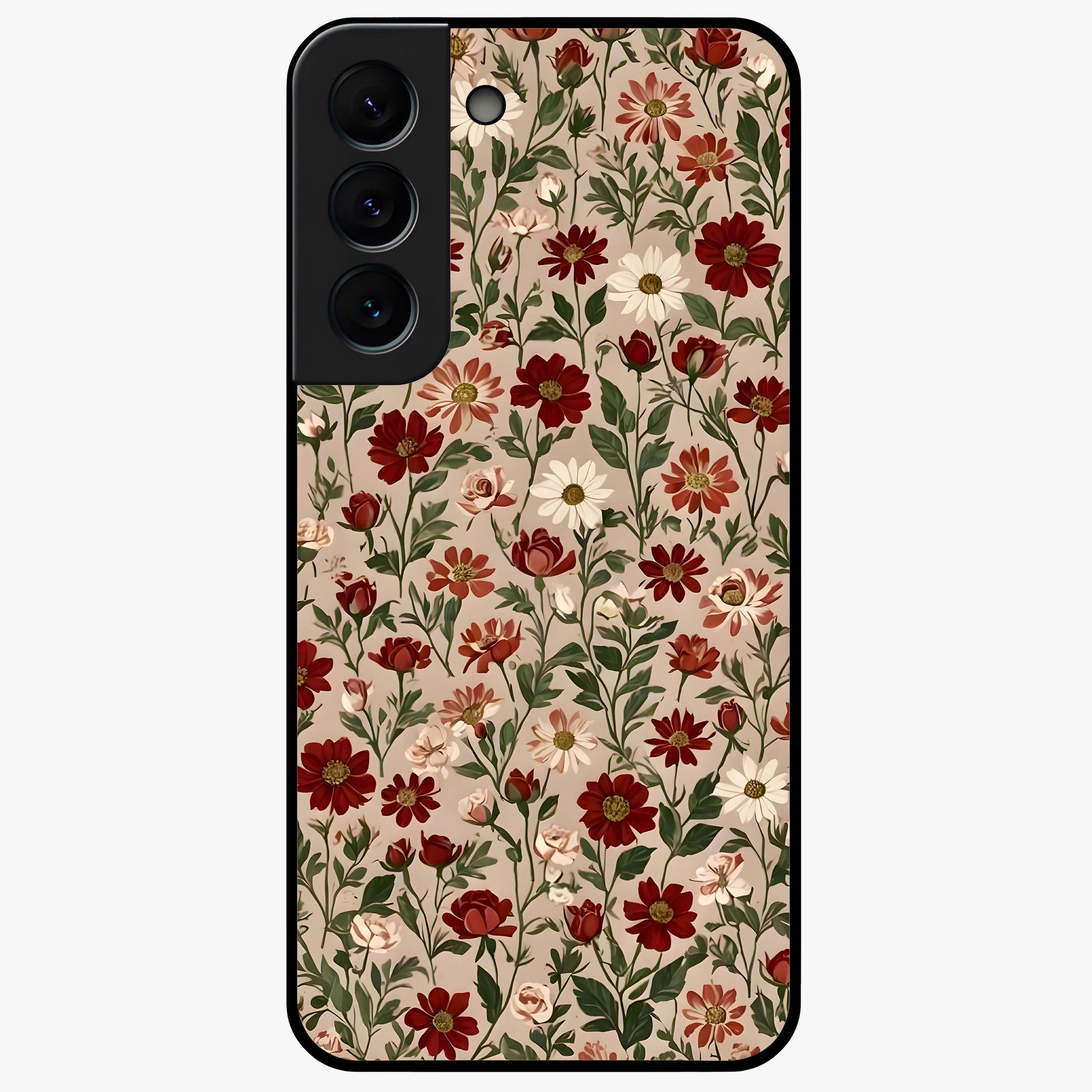 Biege Flower With Leaf Glass Case showing flat back view with soft beige floral artwork and glossy glass finish.