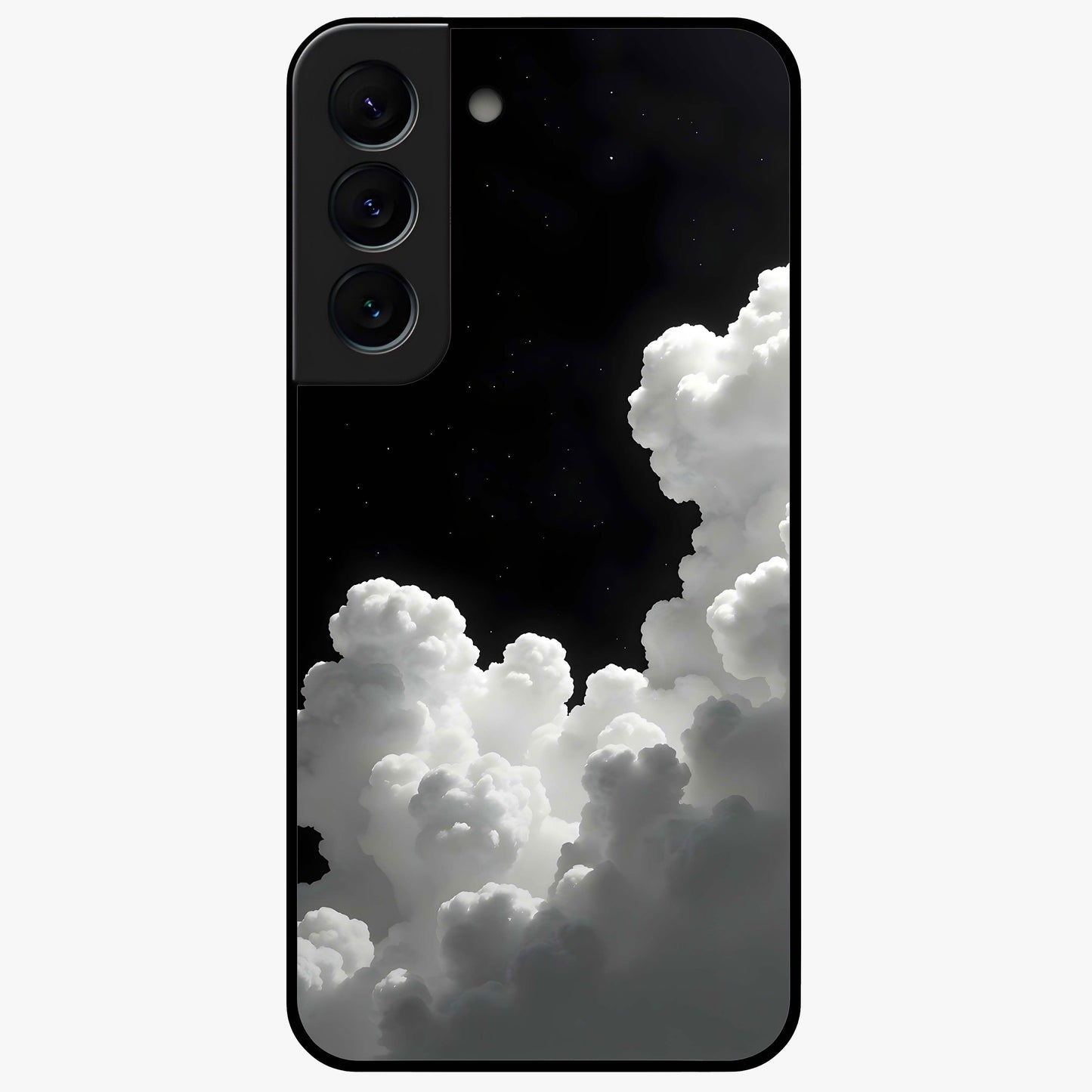 Black Background With White Cloud Glass Case showing flat back view with minimal cloud artwork on dark background and glossy glass finish.
