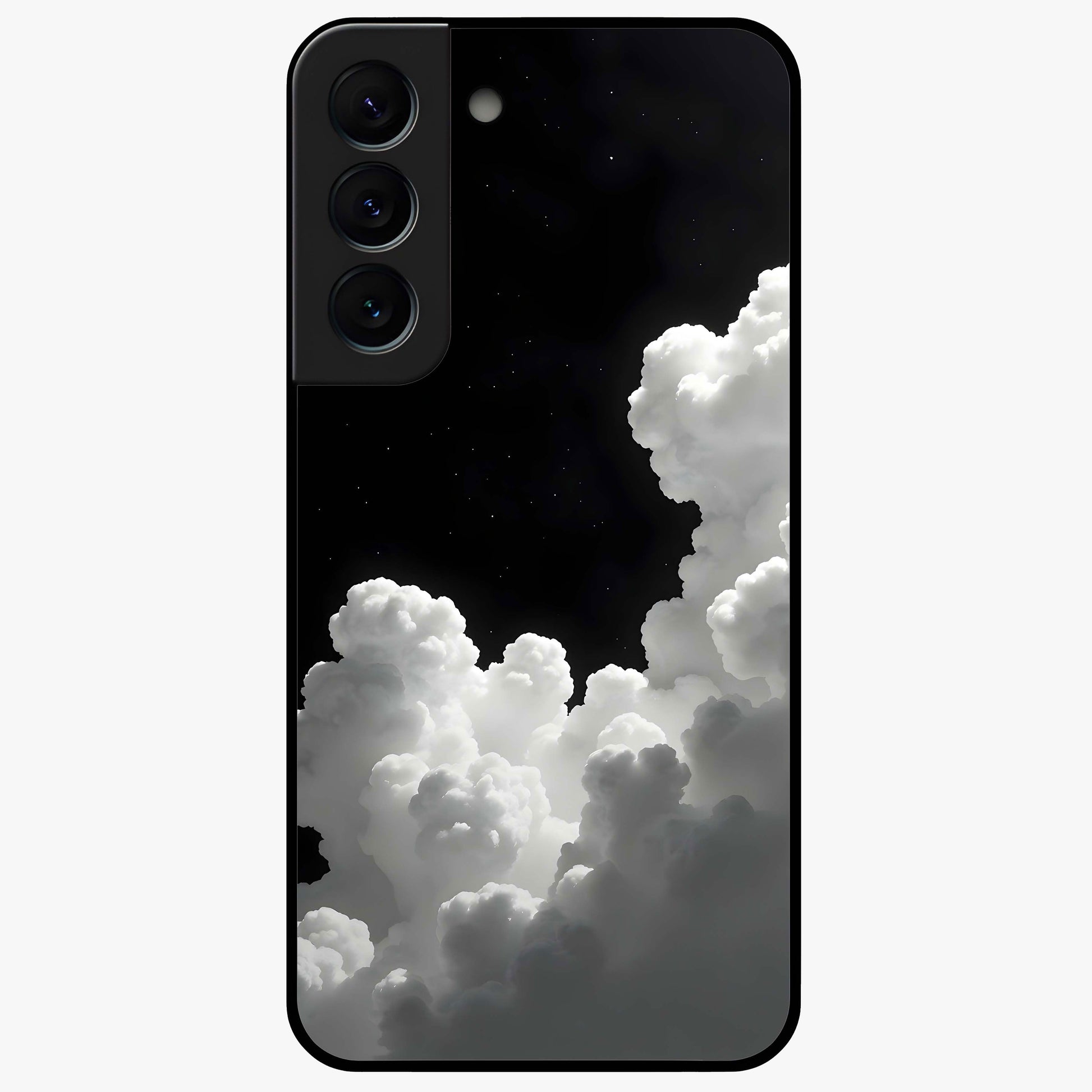 Black Background With White Cloud Glass Case showing flat back view with minimal cloud artwork on dark background and glossy glass finish.