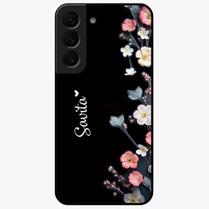Black Elegance Floral Custom Name Glass Case showing flat back view with elegant floral artwork and personalized name design.