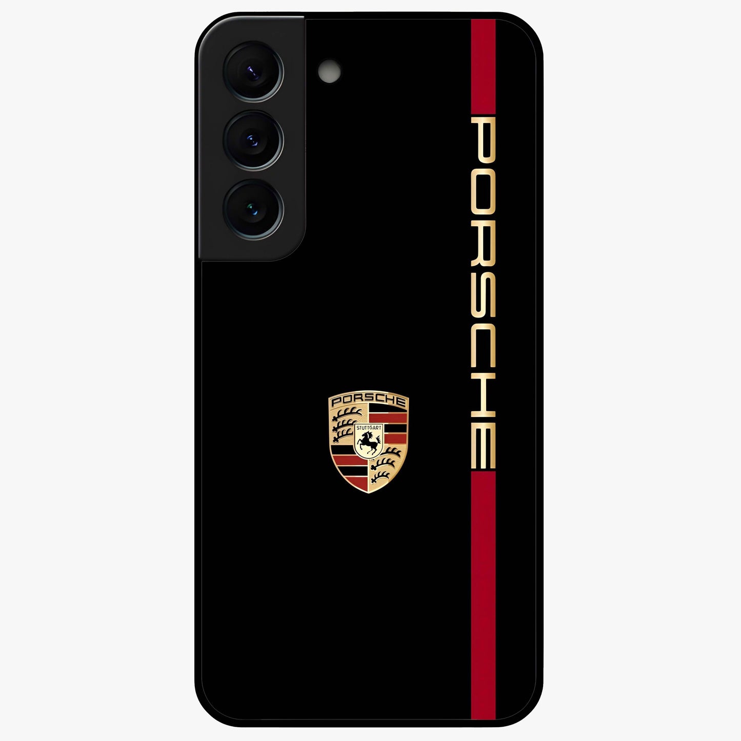 Black Minimal Porsche Glass Case showing flat back view with sleek minimal sports car artwork and glossy glass finish.