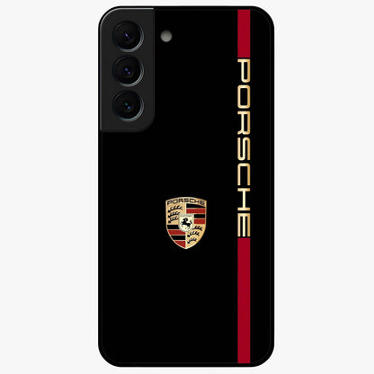Black Minimal Porsche Glass Case showing flat back view with sleek minimal sports car artwork and glossy glass finish.