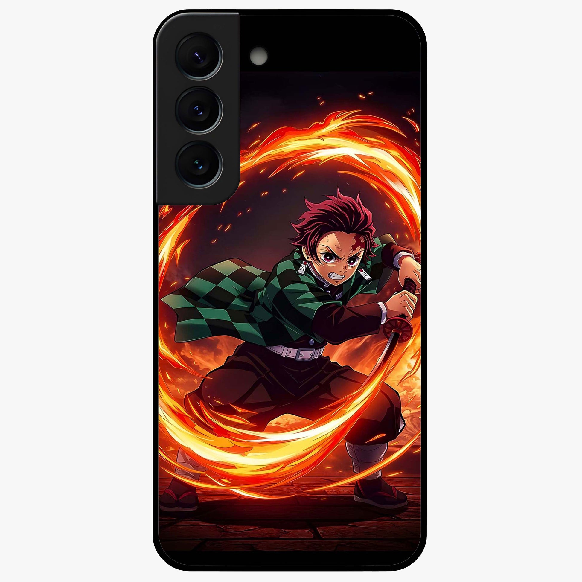 Blazing Sword Resolve Glass Case showing flat back view with fiery sword artwork and glossy glass finish.