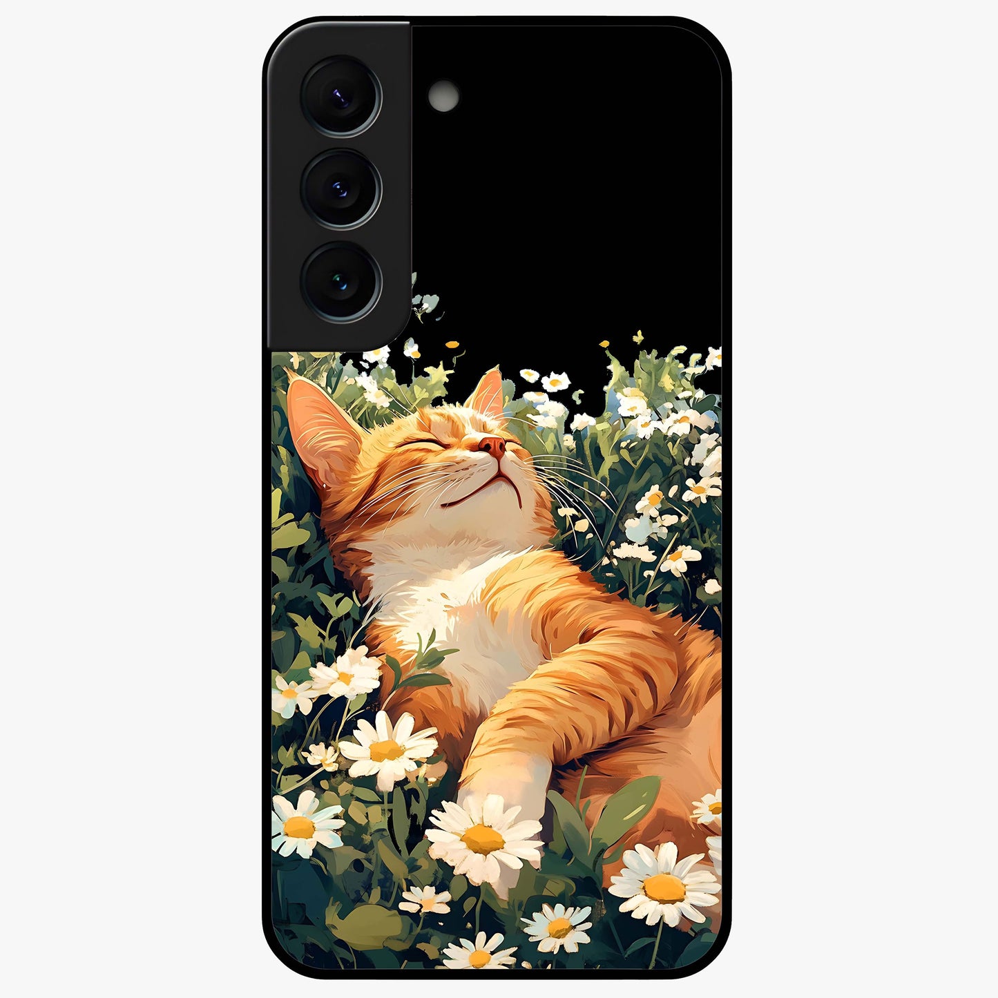 Blissful Bloom Cat Glass Case showing flat back view with cute cat and floral bloom artwork and glossy glass finish.