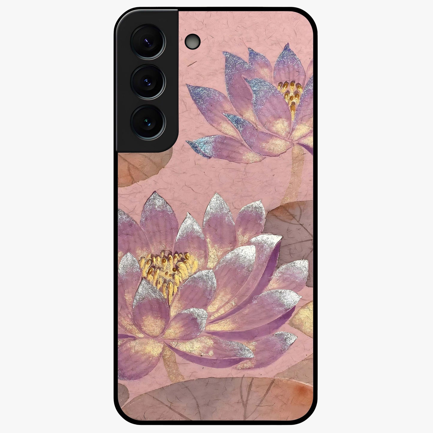 Blossom Mist Lotus Glass Case showing flat back view with serene lotus blossom artwork and glossy glass finish.